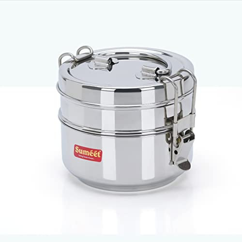 Sumeet Stainless Steel Small Size 2 Compartment Lunch Box/Tiffin with Lid and Handle, 10Cm Dia, (700ML, Silver), CL6-2T