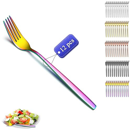 Kyraton Regenbogen Tafelgabeln 12 Stück,18.3cm Edelstahl Menuegabel, Gabeln und Löffel Besteck, ideal für Zuhause, Restauroom, Hotel, Hochzeit, Party, spülmaschinenfest