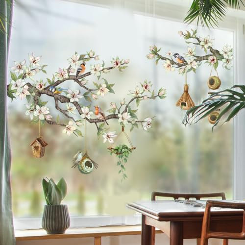 AIBIIN Fensteraufkleber mit Vögeln, Baumzweig, Blumenmuster, grüne Blätter, Nest, statischer Glasaufkleber, doppelseitig, Fensteraufkleber für Schlafzimmer, Wohnzimmer