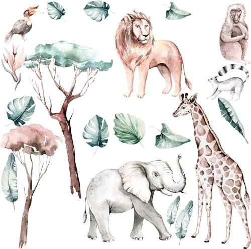 HUBDECO - Wandtattoo Kinderzimmer - Wanddeko - Selbstklebende Folie - Fototapete - Wandsticker - Selbstklebende Tapete - für Mädchen und Jungen - Safari Dschungel Elefant Giraffe - 100x200cm