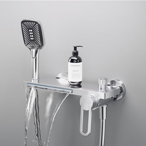 XJTNLB Badewannenarmatur mit Handbrause Chrom Wasserfall Wasserhahn Badewanne Duscharmatur Einhebelmischer mit 3 Modi Handbrause