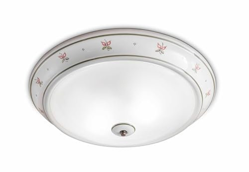 Licht-Erlebnisse Deckenleuchte Keramik Glas Ø 44 cm rund 2x E27 Weiß Blumendekor Handbemalt Landhaus Stil Deckenlampe Wohnzimmer Esszimmer Flur Beleuchtung