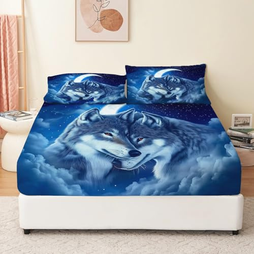 Bettwäsche Spannbettlaken Nachthimmel Tiere Wolf Bettwäsche für 2 Kissenbezug 180 x 200 cm Blau Weiche Mikrofaser mit Pflegeleichte weiche Baumwolle und haltbar
