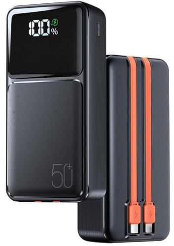Power Bank 50000mAh mit LED-Anzeige,Powerbank mit 2 Kabeln,Power Bank Schnellladefunktion QC 22,5W & USB C PD20W,5 Ausgänge 2 Eingänge für Camping Outdoor Reisen Tablets Handy