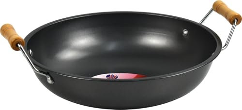 LAVV HOUSEWARES LTD Non Stick Carbon Steel Flat Bottom Stir Fry Wok with Wooden Handle (28cm, Short Handle)