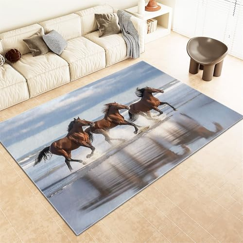 Waschbarer Teppich 140x200 cm Tiere Pferde Meer Flauschiger Kurzflor Teppich für Wohnzimmer und Schlafzimmer Hellblau, Anti-Rutsch Unterseite, Kinderzimmer Dekoration