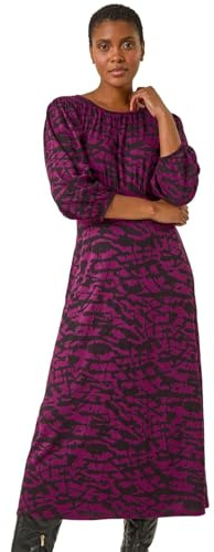 Roman Originals Women Gathered Chest Dress Ladies Stretchy Fit & Flare Swing Tea A Line Skater Knee Length Long Sleeve Midi Smart Casual Work Going Out Cocktail Party - Purple Black - Size 10