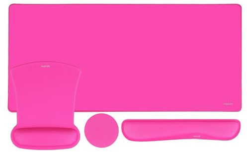 MOSISO Repose Poignet Set,Grand Tapis de Souris Gamer&Repose Poignet Clavier&Tapis de Souris&Sous-verre,Ergonomique Antidérapant Mouse Pad avec Mousse à Mémoire Maison Bureau,Rose Vif