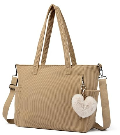 Makukke Cord Tote, Women's Large Shoulder Bag - Khaki, L Size - Shopper Handbag for Work, Office, Travel, Shopping, School
