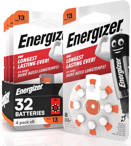 32 Energizer Acoustic Batteries for Hearing Aids Size 13 Orange - 4 Blister Packs of 8 Batteries