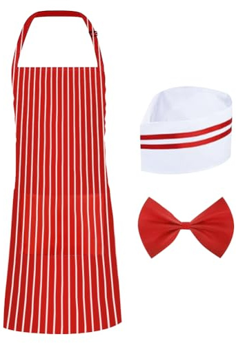 JIHUOO Kellner-Kostüm-Set für Erwachsene, rot und weiß, gestreift, Schürze, Kochmütze, rote Fliege, 1950er-Jahre-Kostüme, für Halloween, Cosplay-Party, 3-teilig, rot / weiß, mix