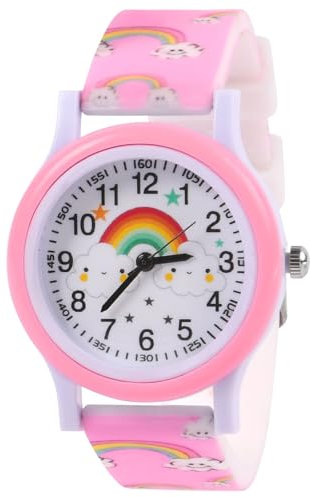 OFFCUP Orologio da Polso per Ragazzi e Ragazze, Orologio per Bambini Movimento al Quarzo, Orologio Educativo 3D Cartone Animato Cinturino in Silicone per bambini da 3 a 12 Anni -Arcobaleno Rosa