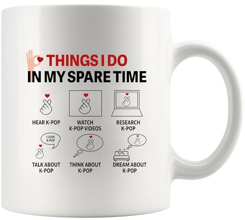 Keramiktasse mit Aufschrift Things I Do In My Spare Time, lustige K-Pop-Geschenke, Kpop-Liebhaber, koreanische Geschenke für Freundin, Schwester, Freund, Neuheit, Trinkgeschirr, 325 ml, Weiß
