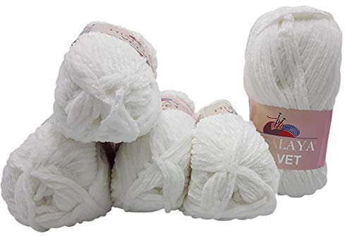 5x 100 Gramm Strickwolle Ilkadim Export Velvet Micro-Polyester, 500g Babywolle samtig, Strickgarn einfarbig (weiss 90001)