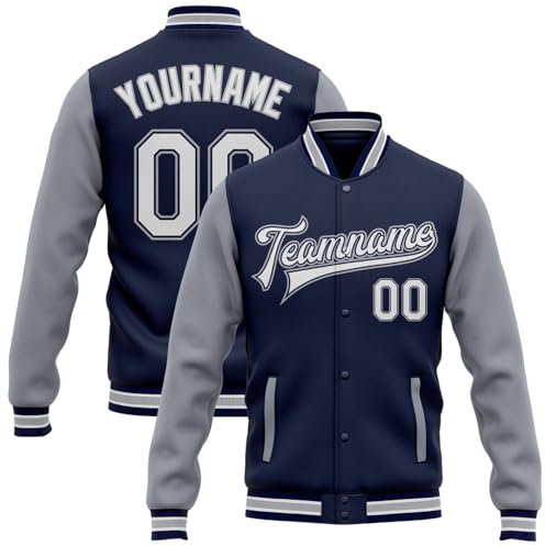 Generisch Personalisierte Baseballjacke Herren Baseball Jacke Oversize Bomberjacken College Jacke Langarm Baseballjacken Teenager Individuelle Namen Nummer Teamnamen (2-Navy)
