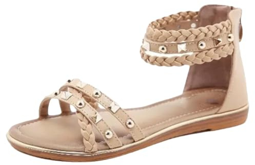 Damen-Sandalen mit Nieten und gekreuzten Riemen, Strandschuhe, lässig, flach, mit Reißverschluss, beige, 43 EU