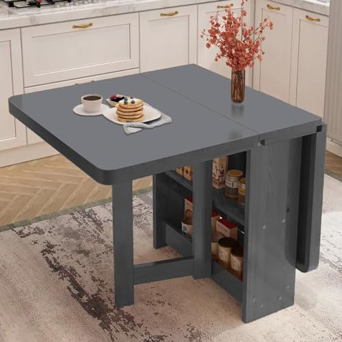 Erweiterbarer Esstisch aus Massivholz mit 2-stöckigem Ablageregal, vielseitiger klappbarer Küchentisch in 3 Konfigurationen für kleine Räume