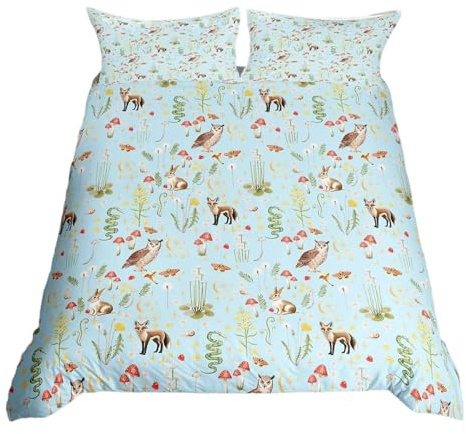 Homewish Hellblaues Bettwäsche-Set für Doppelbett für Kinder und Erwachsene, niedlicher Waldtierdruck, Bettbezug, Mikrofaser, wendbar, Vintage-Blumen-Bettwäsche, Bettwäsche, Botanische Blumen