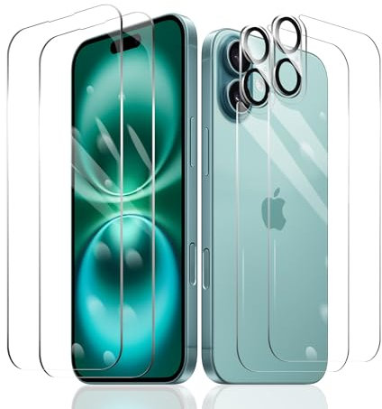 Fylnatc 2×Film Protection D'écran pour iPhone 16 + 2×Protection Camera Objectif Arriere appareil Photo + 2×Arrière Verre Trempé, Vitre Protecteur Accessoires, HD Dureté 9H Glass, Compatible Coque