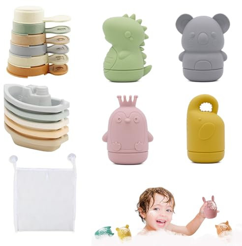 Mailfull Juguetes Bañera Bebe 15 Piezas Juguete de Baño Silicona Squeeze Toys Juguete Apilable Juegos de Agua Juguetes Playa para Niños a Partir de 6 Meses