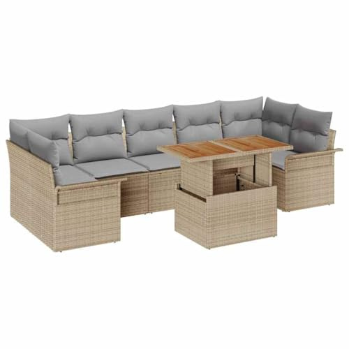 vidaXL 8-teiliges Garten-Sofa-Set mit Kissen in Beige und Hellgrau – Modular und aus Poly-Rattan für Essen, Entspannen und als Lounge-Sitzplatz für die Terrasse. Rechteckig.