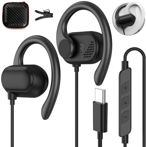 Auriculares USB C para iPhone 16 15 Pro 5G, auriculares tipo C con cable micrófono con gancho para la oreja para Samsung A56 A34 Galaxy A55 A54 S25 Pixel 9a 8 7 POCO X7 para correr, gimnasio, fitness