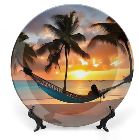 DWVSFJM Dekorativer Teller aus Knochenporzellan, Motiv: Kokosnuss, Strand, Sonnenuntergang, Hängematte, mit Präsentationsständer, Keramik, dekorativer Teller, Porzellan, runder Essteller