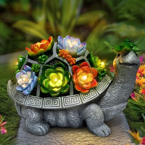11.1 Inch Large Solar Garden Decor Turtle Statues Lights with Succulent