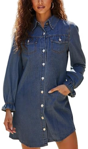 Ellunis Women's Denim Shirt Dress Button Down Collar V Neck Long Sleeve Cotton Blue Jean Dress