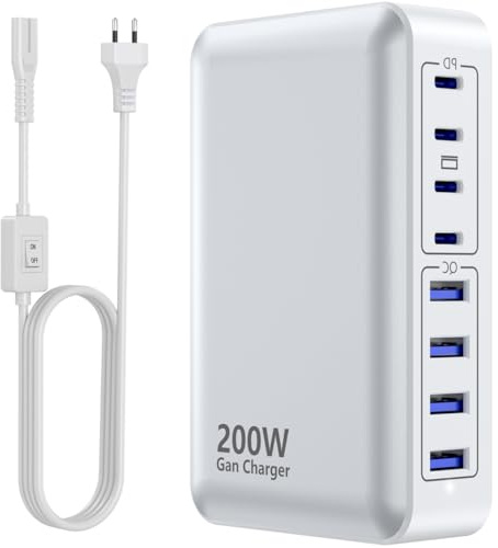 USB C Charger 200W Charger Block, Stazione di ricarica rapida a 8 porte PD 65W ON/Off Switch Adattatore per laptop compatibile con MacBook Pro/Air, iPhone 17/16/15/14, Galaxy S24 (Bianco)