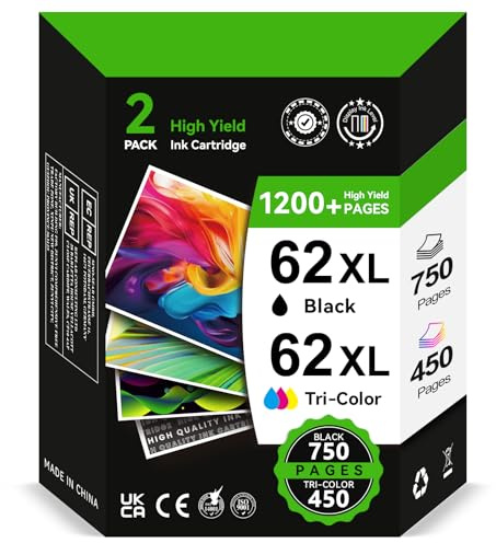 IKONK 62XL Ink BK/CMY- 750/450+ Pages, Replacement for Original HP 62 Ink Cartridges Twin Pack, Printer Ink 62 XL for HP Envy 5540 Ink Cartridges 5640 7640 5544 5646 OfficeJet 200 250 5742