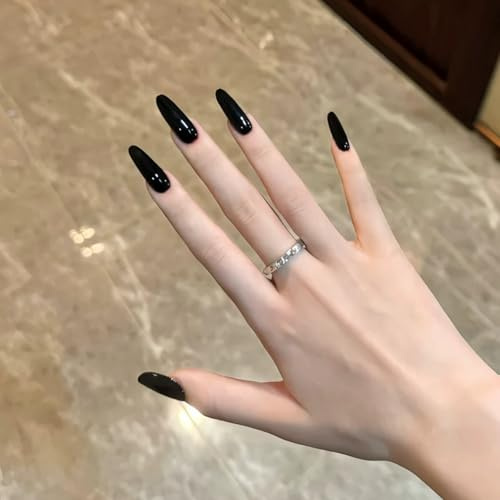 Black Press on Nails 24 Pack - Almond Medium Length False Nails with Glue, Reusable Acrylic Fake Nails Natural Look Full Cover for Women Nail Art Accessories