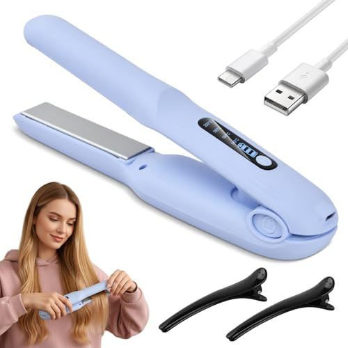 Focenat Plancha Pelo Inalámbrica 2 en 1, Mini Plancha de Pelo y Rizador con 4 Temperaturas, Pantalla LED, Batería 4000mAh USB Recargable, Portátil Plancha Pelo Viaje para Todo Tipo de Cabello (Azul)