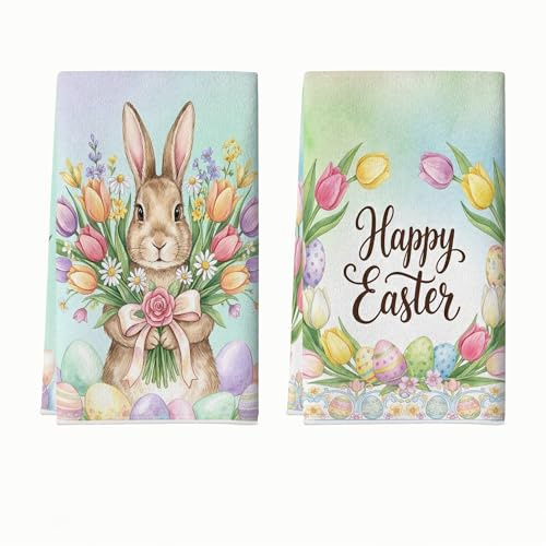 Kaninchen-Küchentücher, 2er-Set, festliche Tulpen, Ostereier, Ostern, Pastellblau, saugfähig, weich, Handtücher, Kabine, Küchendekoration, 40,6 x 61 cm