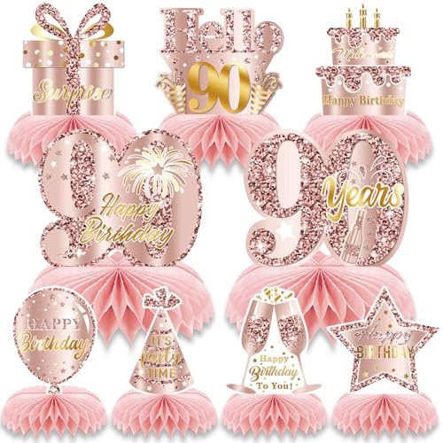 90th Birthday Honeycomb Decorations 9 Pcs Rose Gold Centerpieces Pink Table Decorations for Birthday Party Happy Birthday Table Centerpieces Party Supplies for Women Girls