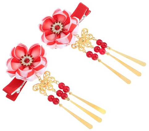 VINTORKY Pinza Pelo Flores y Campanas en Algodón Rojo, Ligera y Creativa, Adecuado para Tocado de Kimono Japonés Femenino
