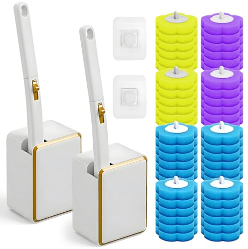 Einweg Toilettenbürste, 2er Set verlängertem Griff Halter- Einweg-System Set, Klobürste mit 48 Stück Reiniger Verbesserte Wandmontierte Toilettenbürste für Waschbecken, Badewanne