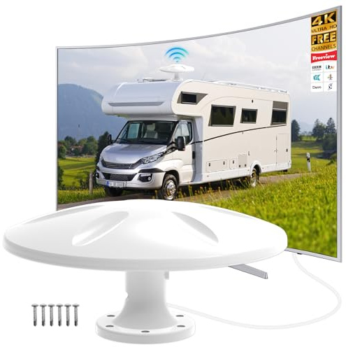 Campervan TV aerial, Caravan TV Aerial 960+ Miles Long Range Reception, Freeview HD Outdoor Aerial with Signal Amplifier, 720°Omni‑Directional, Support VHF/UHF/4K/1080P, 16.4FT Cable (White)