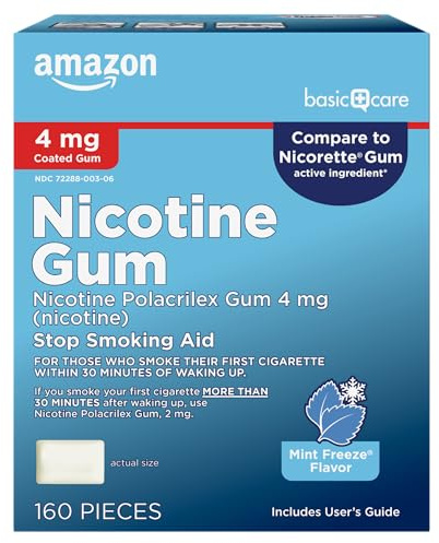 Amazon Basic Care Coated Nicotine Polacrilex Gum 4 mg, Ice Mint Flavor, Stop Smoking Aid, Nicotine Replacement Therapy, Reduces Withdrawal Symptoms, 160 Count