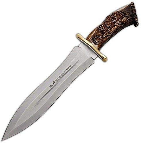 Muela Cuchillo PODENQUERO-GV hoja de acero MoVa de 26 cm y empuñadura de asta tallado para Caza, Pesca, Supervivencia y Bushcraft Realizado en Ciudad Real + Portabotellas de regalo