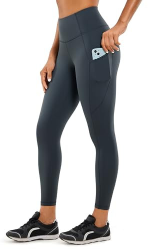 CRZ YOGA Damen Naked Feeling Sport Leggings mit Taschen High Waist Sporthose Gym Blickdicht Yogahose - 64cm Melanit - Seitentaschen 34