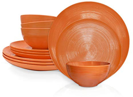 Zak Designs Geschirr-Sets für drinnen und draußen, 12-teilig, Melamin-Kunststoffteller und Schüsseln für das Abendessen mit der Familie (American Conventional Orange)