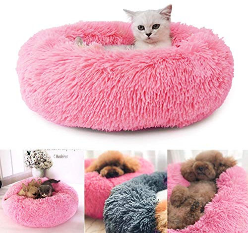 bangminda Haustierbett für Katzen und Hunde, Rundes Plüsch Weich Hundebett, 50CM Schöne Katzenbett in Doughnut-Form, Klein Hund Bett (Pink)