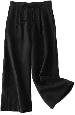 FTCayanz Damen Leinen Culottes Hose Weite Sommerhose | Leichtes Leinengewebe, Verstellbarer Taillenbund, Seitentaschen, Lockerer Weiter 7/8 Schnitt für den Sommeralltag