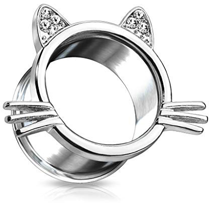 beyoutifulthings Ohr-Tunnel Katze Kristall Ohren Silber Ohr-Piercing Edelstahl Ohr-Schmuck Double Flared Flesh Plug Sattel-Verschluss 10mm