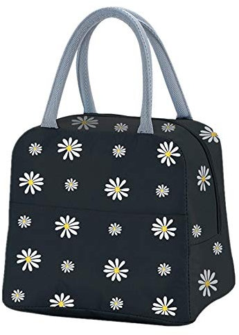 Elionless Insulated Lunch Bag, Portable Thermal Lunch Bags Cooler Bag Daisy Pattern Lunch Box Organizer Tote Bag for Women Adults Kids Girls Work School Picnic Camping Travel (Black)