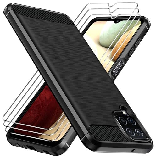 ivoler Hülle für Samsung Galaxy A12 / M12 mit 3 Stück Panzer Schutz Glas, Militärischer Stoßfest Handyhülle, Dünne Weiche TPU Silikon Kratzfest Schutzhülle Anti-Fingerabdruck Case, Schwarz