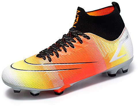LDTSUP Football Boots Men’s High Top Soccer Training Shoes Cleats Outdoor Professional Sneakers Track and Field Competition Shoes Unisex Orange
