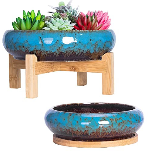 ARTKETTY Vaso per piante grasse, 18,5/25 cm, grande vaso bonsai con vassoio, set di 2, vasi colorati in ceramica per piante grasse per cactus, vaso decorativo da giardino