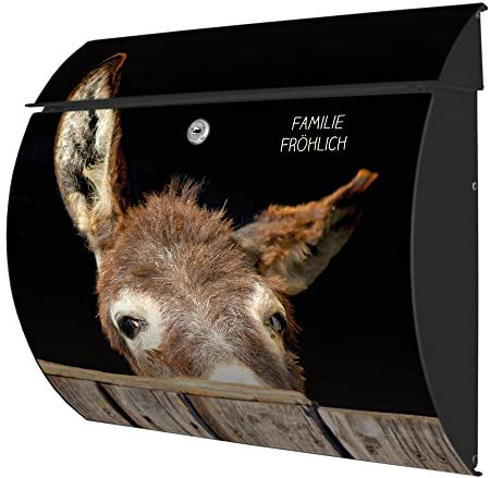 banjado® Burgwächter® Briefkasten anthrazit aus Stahl mit Motiv Esel/Briefkasten mit Namen personalisierbar/Briefkasten ohne Zeitungsfach mit Kippdach & Öffnungsstopp, 2 Schlüssel